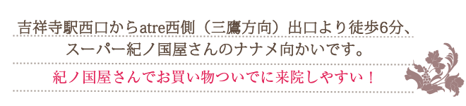 吉祥寺北口駅から徒歩8分、スーパー紀ノ国屋さんのナナメ向かいです。