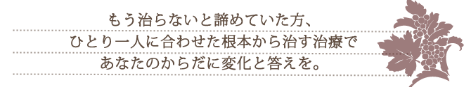 もう治らないと諦めていた方、ひとり一人に合わせた根本から治す治療であなたのからだに変化と答えを。